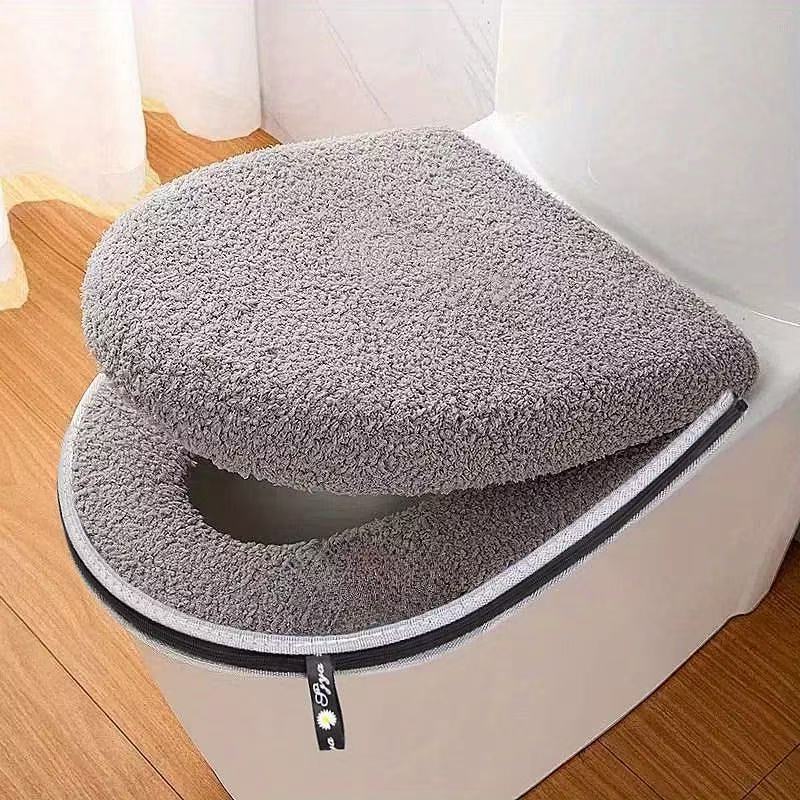 Home Bathroom With Two Toilets - Soft Plush Wraparound Toilet Seat Cover,