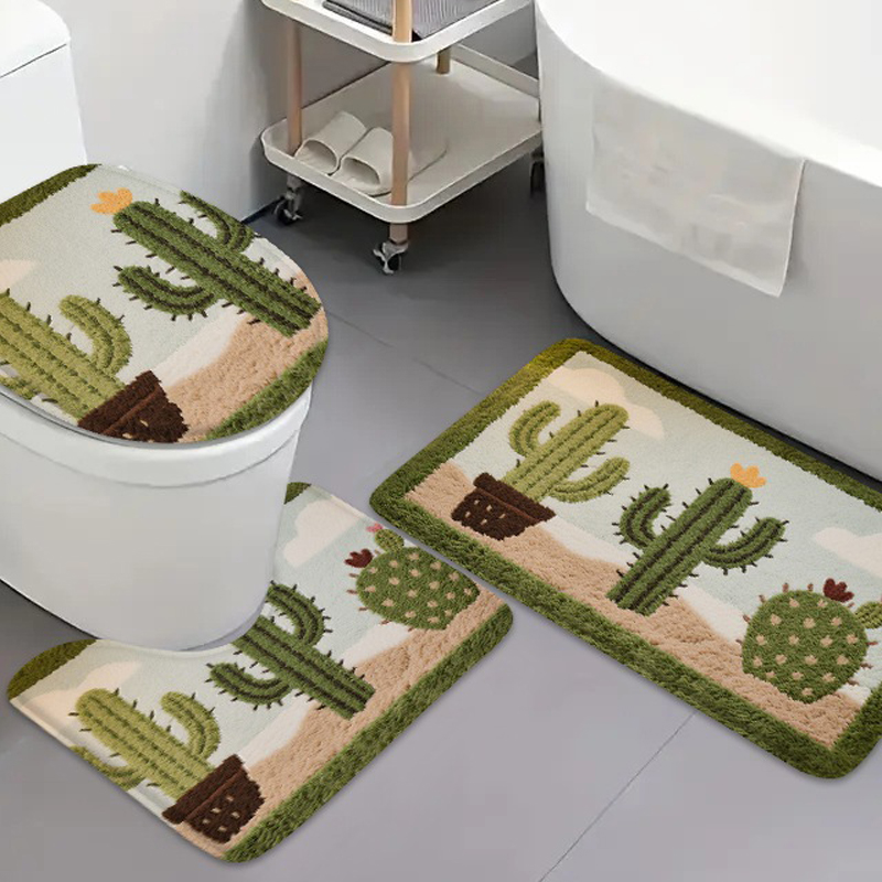 Home Bathroom Carpet - 3pcs cartoon cactus flannel bathroom carpet